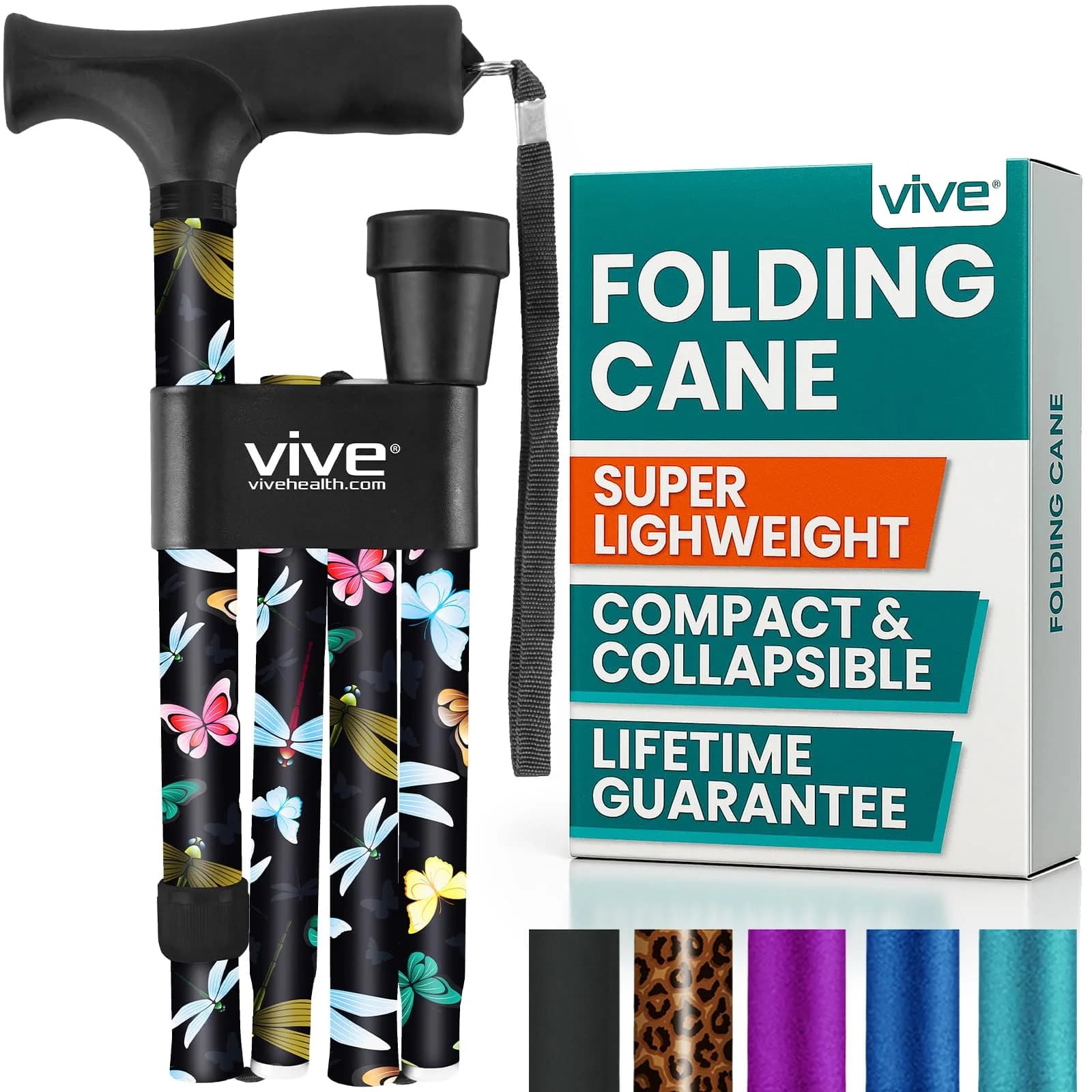 Vive Folding Cane in Black Butterfly - Adjustable Lightweight Mobility Aid with Ergonomic Grip - main product image