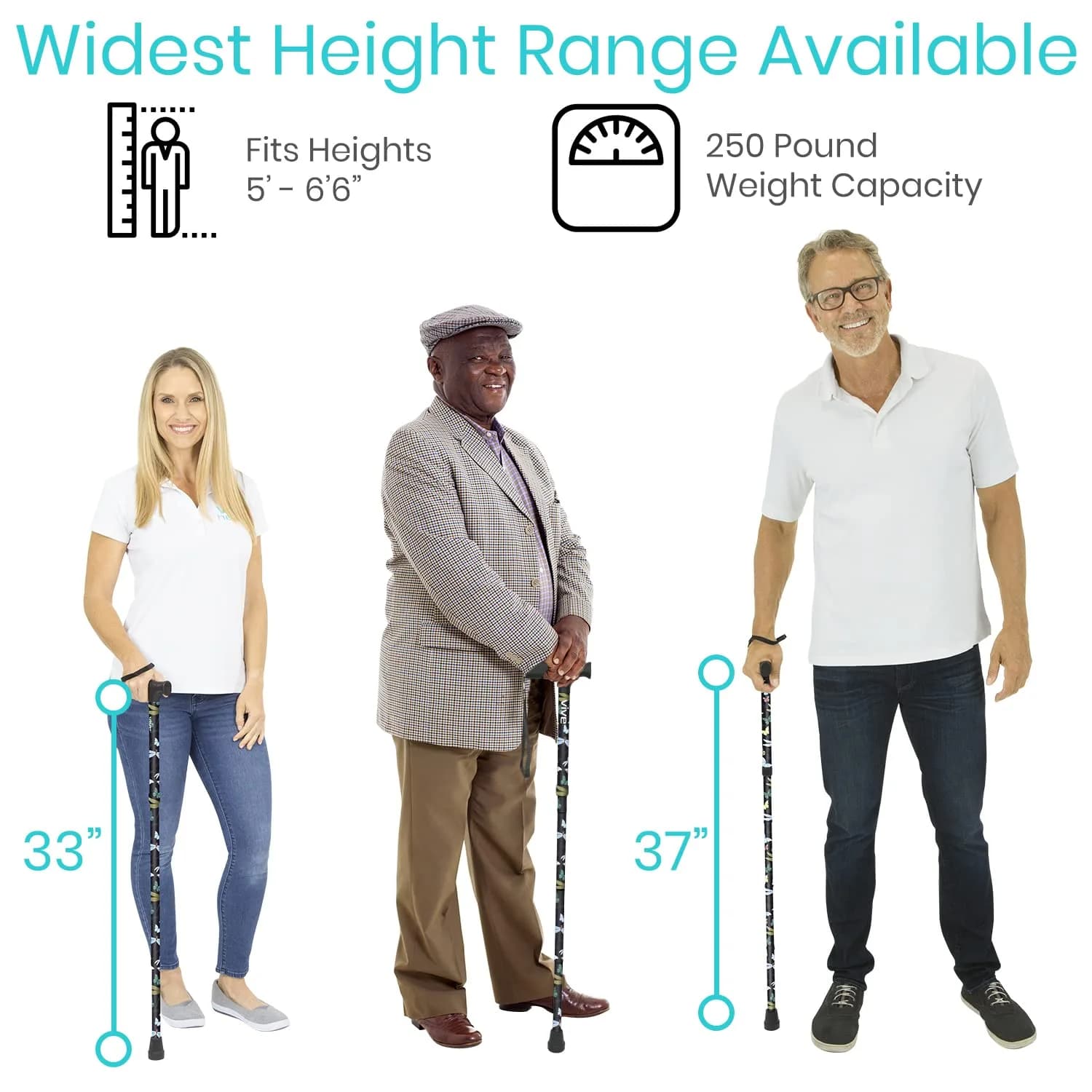 Vive Folding Cane - Adjustable 33"-37" Lightweight Aluminum Walking Stick | Supports 250 lbs, Ergonomic Grip, Non-Slip Tip - view 5