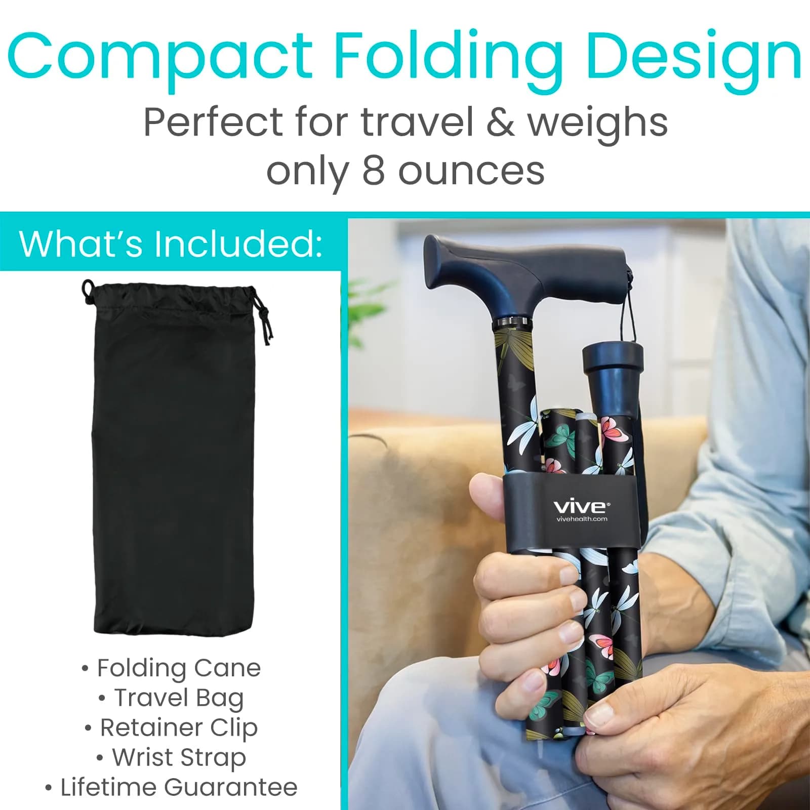 Vive Folding Cane in Black Butterfly - Adjustable Lightweight Mobility Aid with Ergonomic Grip - view 2
