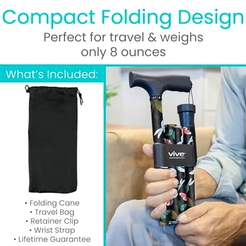 Vive Folding Cane - Adjustable 33"-37" Lightweight Aluminum Walking Stick | Supports 250 lbs, Ergonomic Grip, Non-Slip Tip thumbnail 2