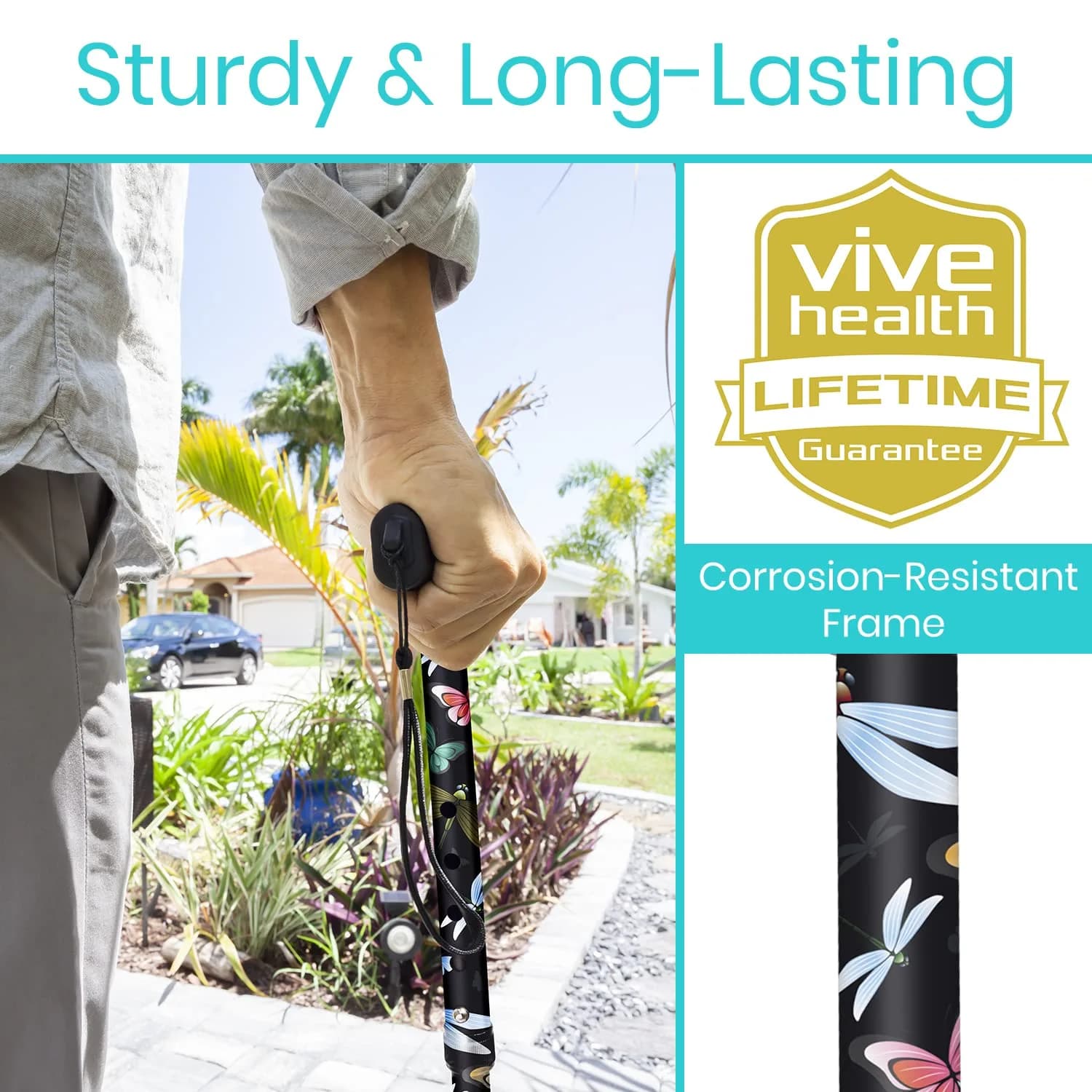 Vive Folding Cane in Black Butterfly - Adjustable Lightweight Mobility Aid with Ergonomic Grip - view 3
