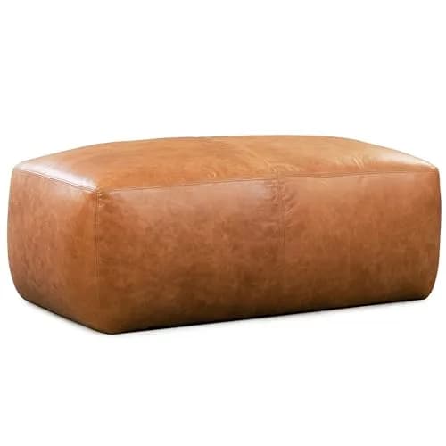 POLY & BARK Denver Ottoman – 43" Large Pouf with Feather-Down Topper – Full-Grain Leather Upholstered Ottoman for Living Room – Vintage Italian Leather in Cognac Tan thumbnail 1