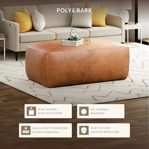 POLY & BARK Denver Ottoman – 43" Large Pouf with Feather-Down Topper – Full-Grain Leather Upholstered Ottoman for Living Room – Vintage Italian Leather in Cognac Tan thumbnail 4