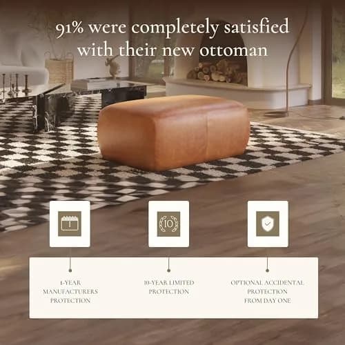 POLY & BARK Denver Ottoman – 43" Large Pouf with Feather-Down Topper – Full-Grain Leather Upholstered Ottoman for Living Room – Vintage Italian Leather in Cognac Tan thumbnail 9