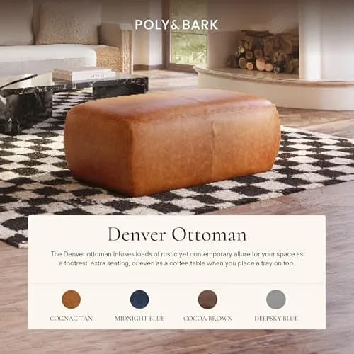 POLY & BARK Denver Ottoman – 43" Large Pouf with Feather-Down Topper – Full-Grain Leather Upholstered Ottoman for Living Room – Vintage Italian Leather in Cognac Tan thumbnail 2