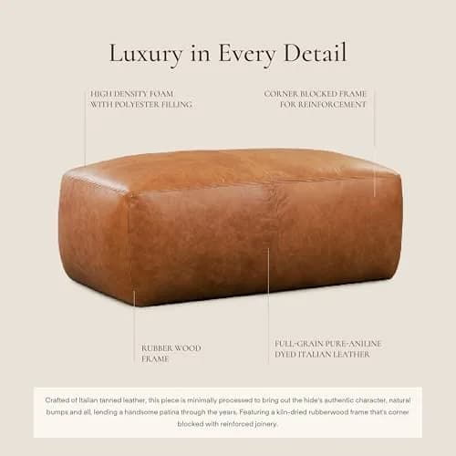 POLY & BARK Denver Ottoman – 43" Large Pouf with Feather-Down Topper – Full-Grain Leather Upholstered Ottoman for Living Room – Vintage Italian Leather in Cognac Tan thumbnail 3