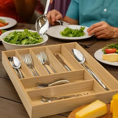 10 Street Home Rustic Wood Flatware Organizer 17 in. x 13 in. | Farmhouse Style Kitchen Drawer Caddy thumbnail 4