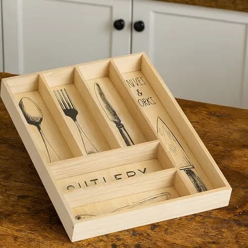 10 Street Home Rustic Wood Flatware Organizer 17 in. x 13 in. | Farmhouse Style Kitchen Drawer Caddy thumbnail 3