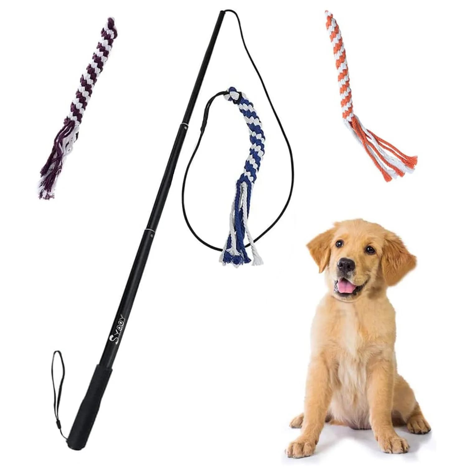 SYOOY Interactive Dog Flirt Pole with 3 Fleece Rope Tails | 10"-35" Retractable Wand - main product image
