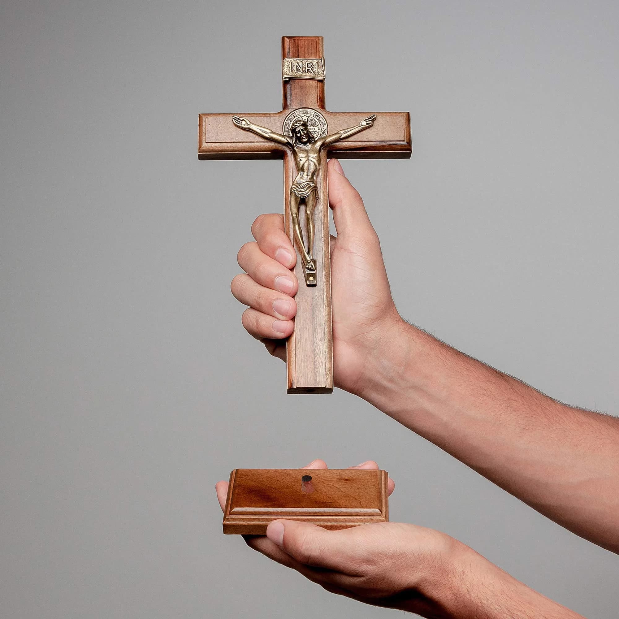 Intercession Antique Gold Wood Cross Crucifix 25.4cm (10 Inch) | St. Benedict Medal & Solid Brazilian Walnut - view 5