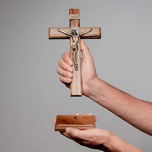 Intercession Antique Gold Wood Cross Crucifix 25.4cm (10 Inch) | St. Benedict Medal & Solid Brazilian Walnut thumbnail 5