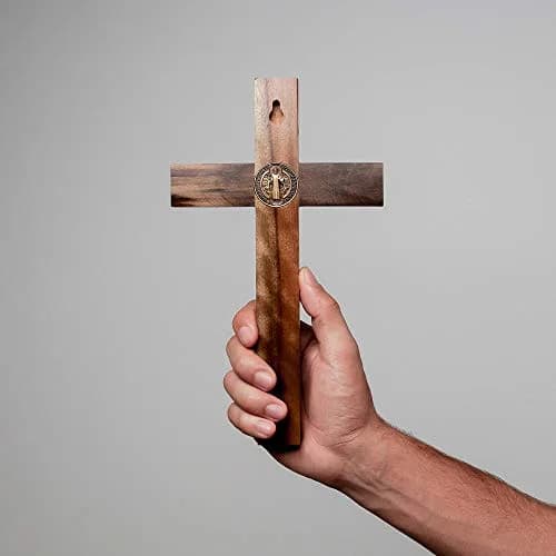 Intercession Antique Gold Wood Cross Crucifix 25.4cm (10 Inch) | St. Benedict Medal & Solid Brazilian Walnut thumbnail 6
