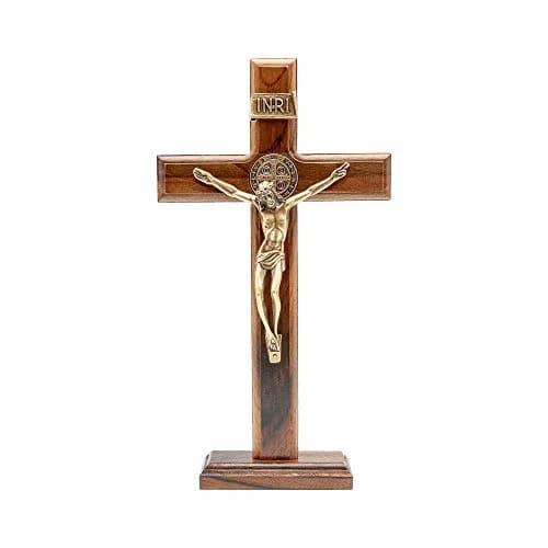 Intercession Antique Gold Wood Cross Crucifix 25.4cm (10 Inch) | St. Benedict Medal & Solid Brazilian Walnut thumbnail 1