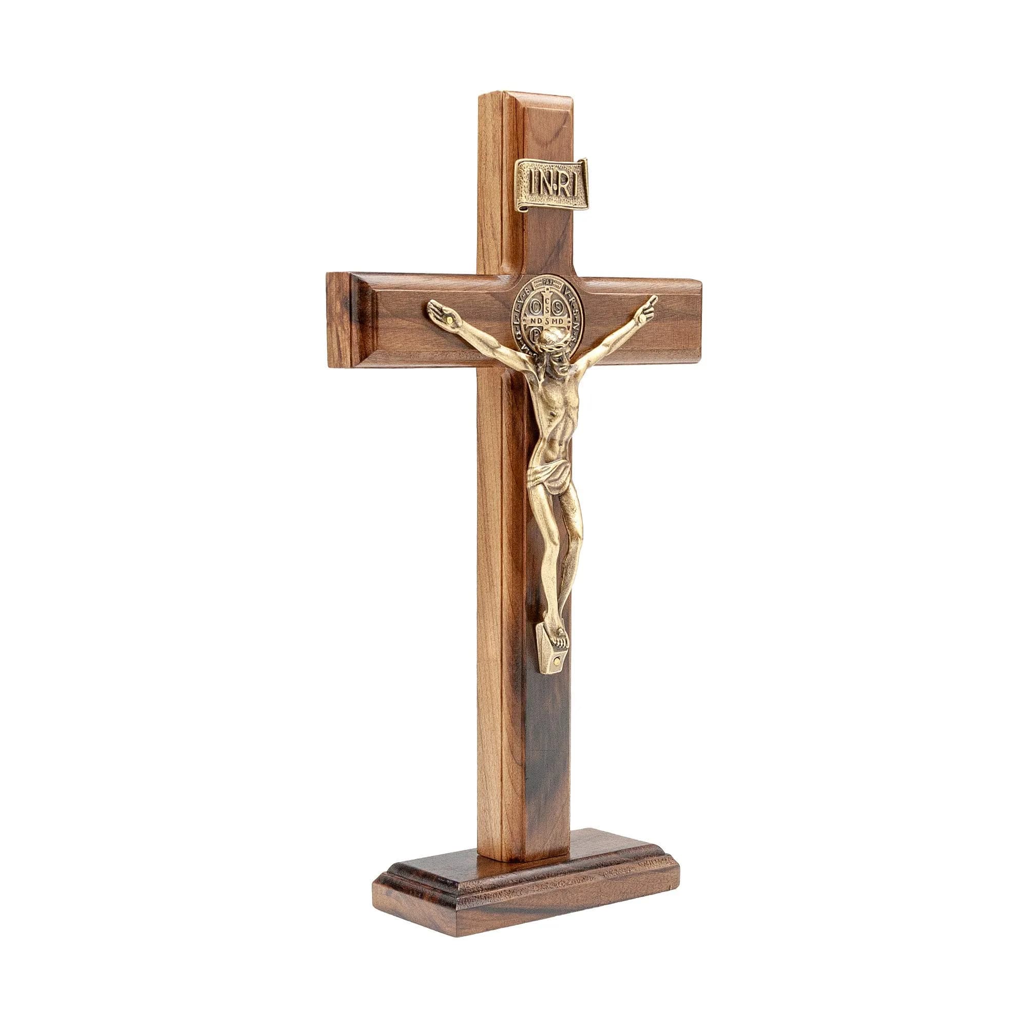 Intercession Antique Gold Wood Cross Crucifix 25.4cm (10 Inch) | St. Benedict Medal & Solid Brazilian Walnut - view 2