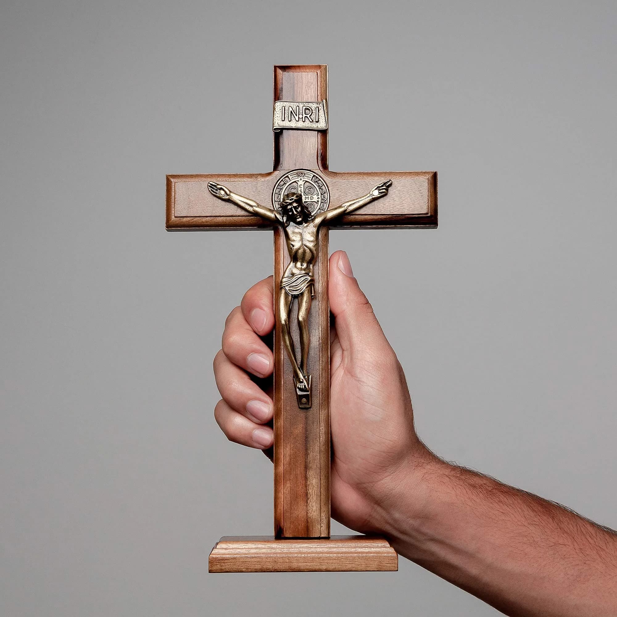 Intercession Antique Gold Wood Cross Crucifix 25.4cm (10 Inch) | St. Benedict Medal & Solid Brazilian Walnut - view 4
