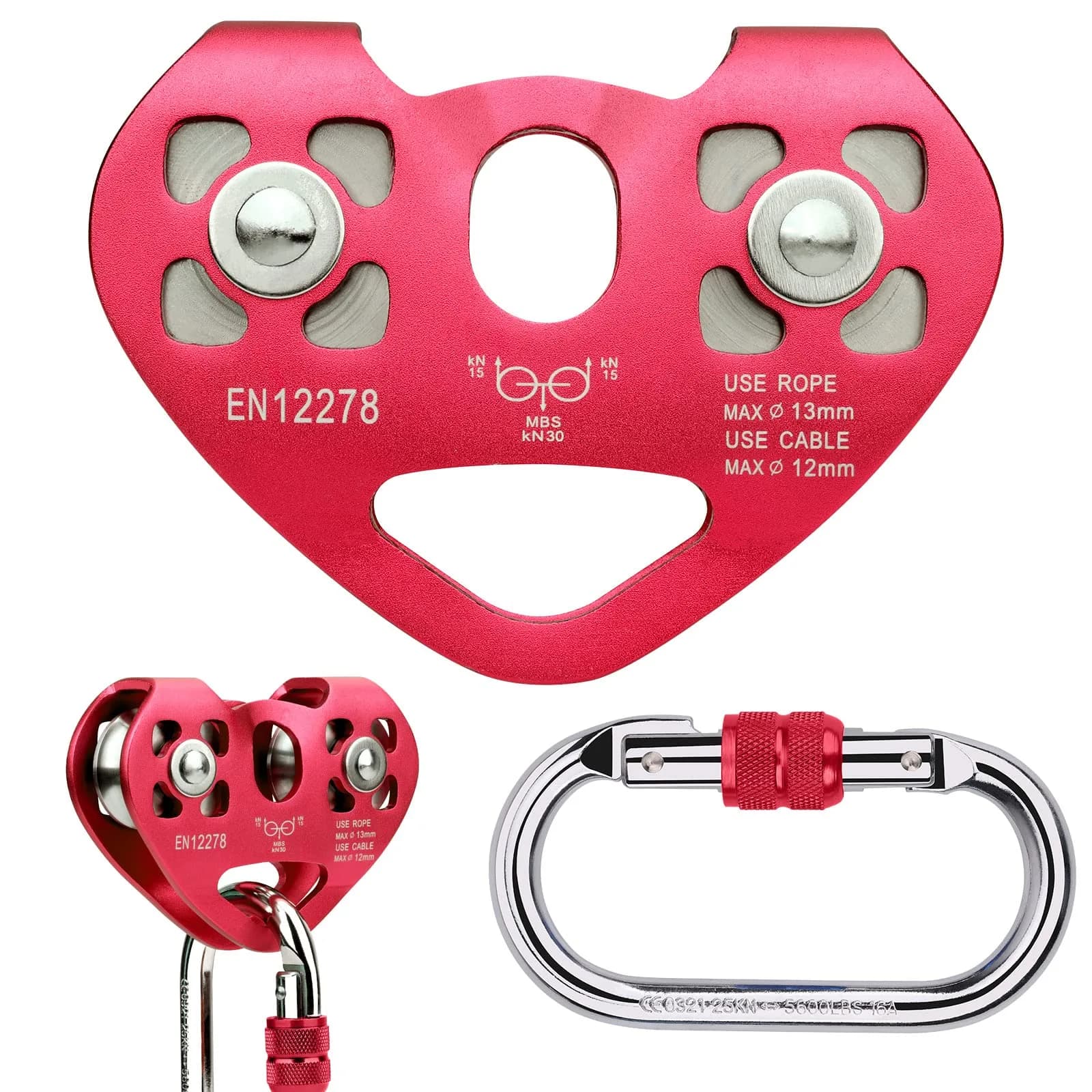 Youngneer Zipline Trolley Kit with 25kN Carabiner & Dual Pulley | Safe Outdoor Climbing Gear (70-120 chars) — Red