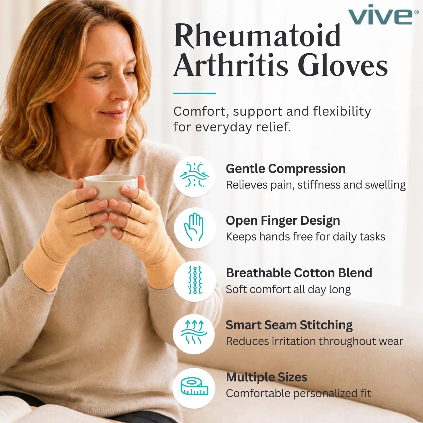 Vive Arthritis Gloves for Men & Women - Small, Beige | Compression Hand Gloves for Rheumatoid Pain Relief - view 2