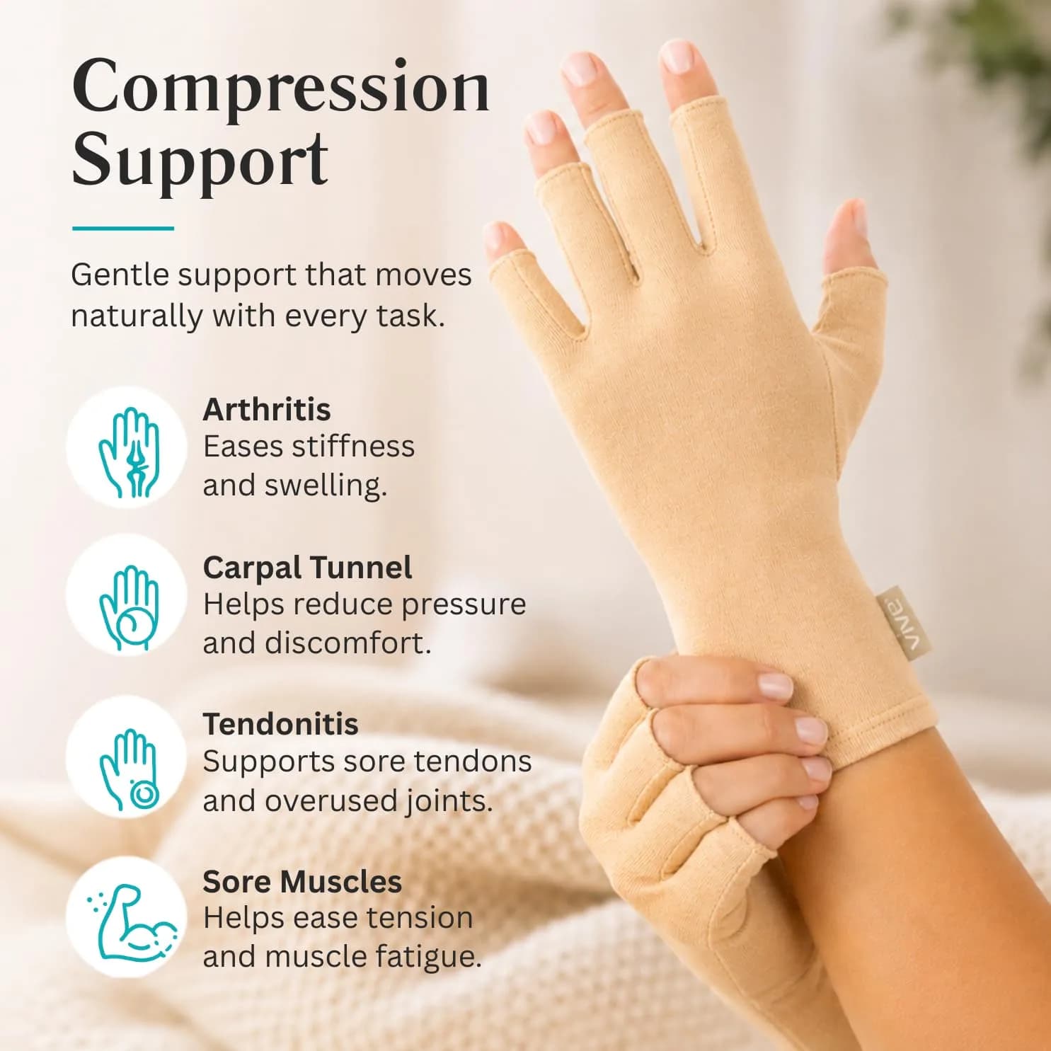 Vive Arthritis Gloves for Men & Women - Small, Beige | Compression Hand Gloves for Rheumatoid Pain Relief - view 4
