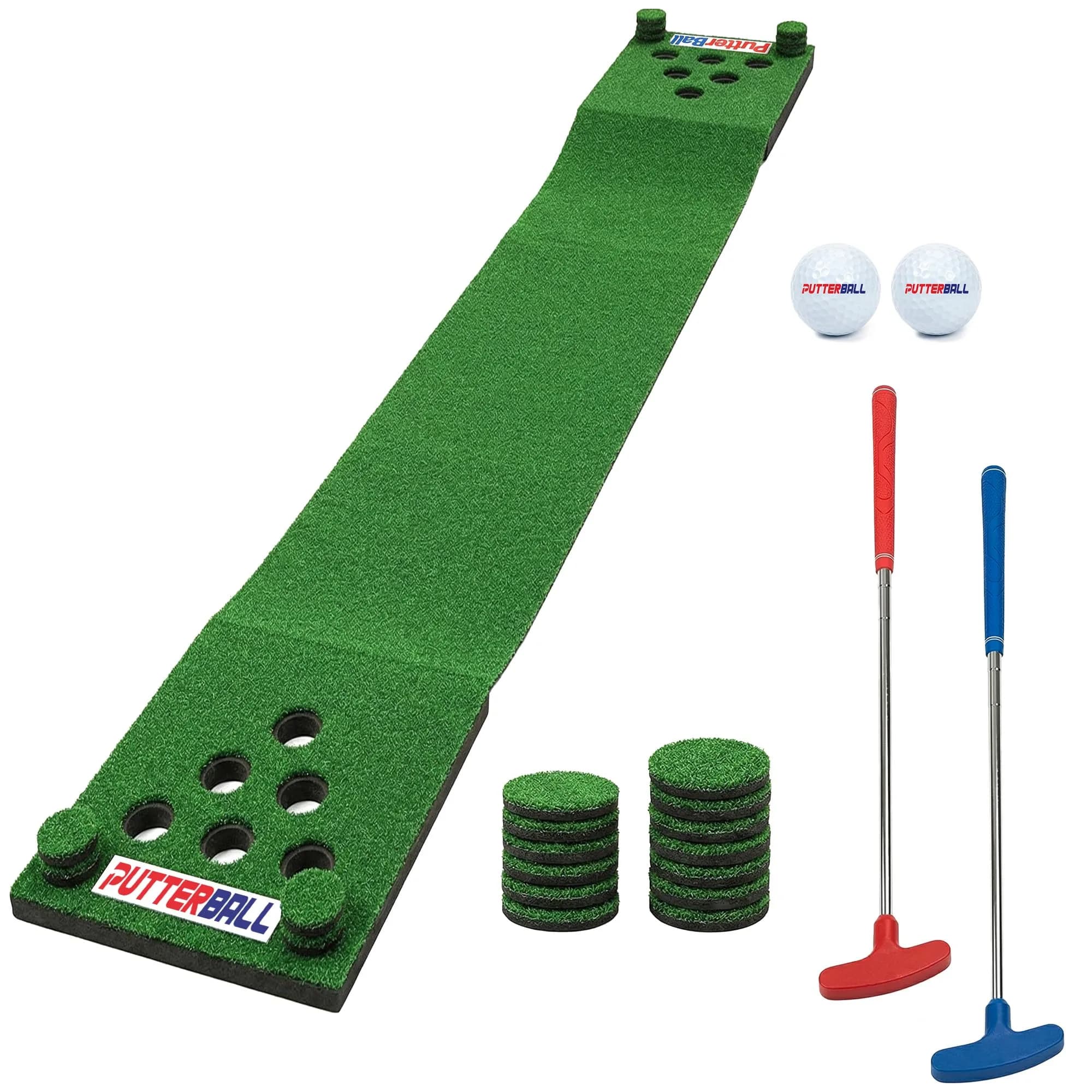 PutterBall Original Golf Putting Game Set – Backyard 12 ft Putting Green Pong Style Golf Mat with 2 Putters, 2 Balls & Hole Covers — Putterball Original