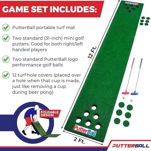 PutterBall Original Golf Putting Game Set – Backyard 12 ft Putting Green Pong Style Golf Mat with 2 Putters, 2 Balls & Hole Covers thumbnail 2