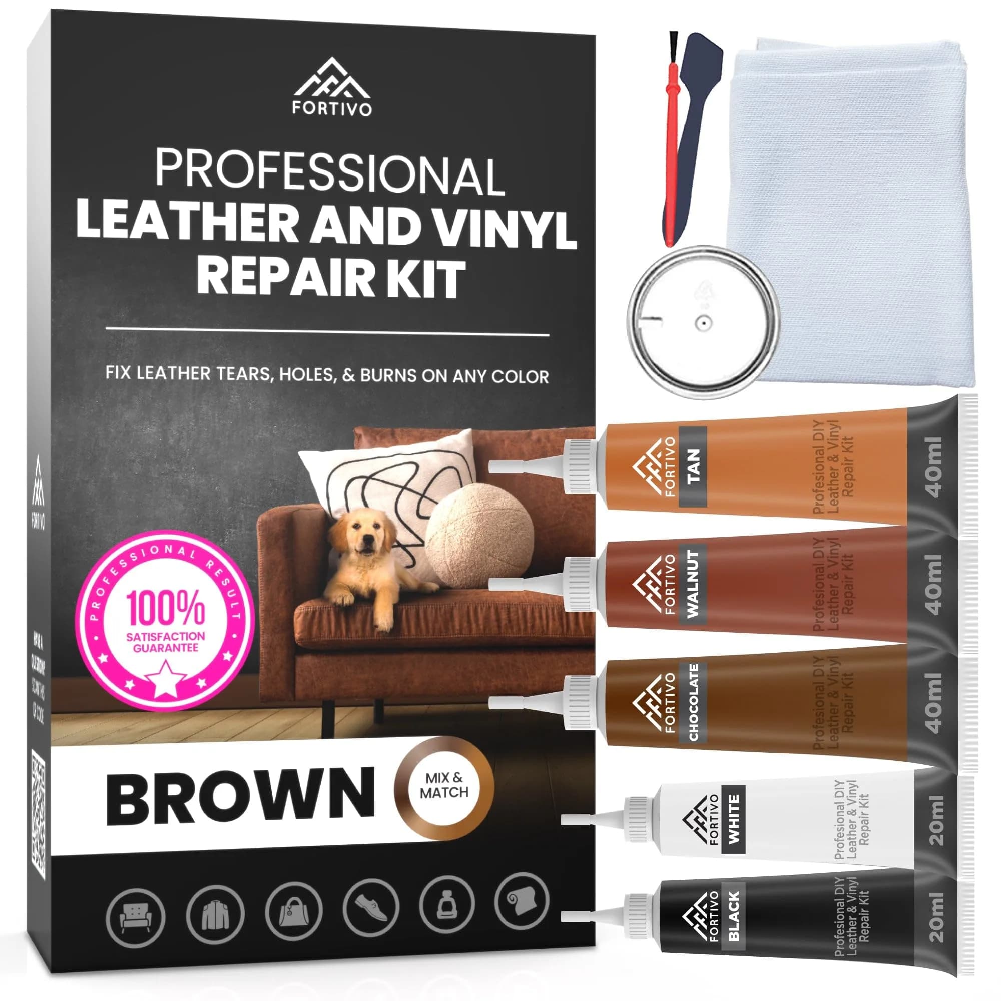FORTIVO Brown Vinyl Repair Kit for Leather & Car Seats | Advanced Gel & Filler, Easy Match Guide