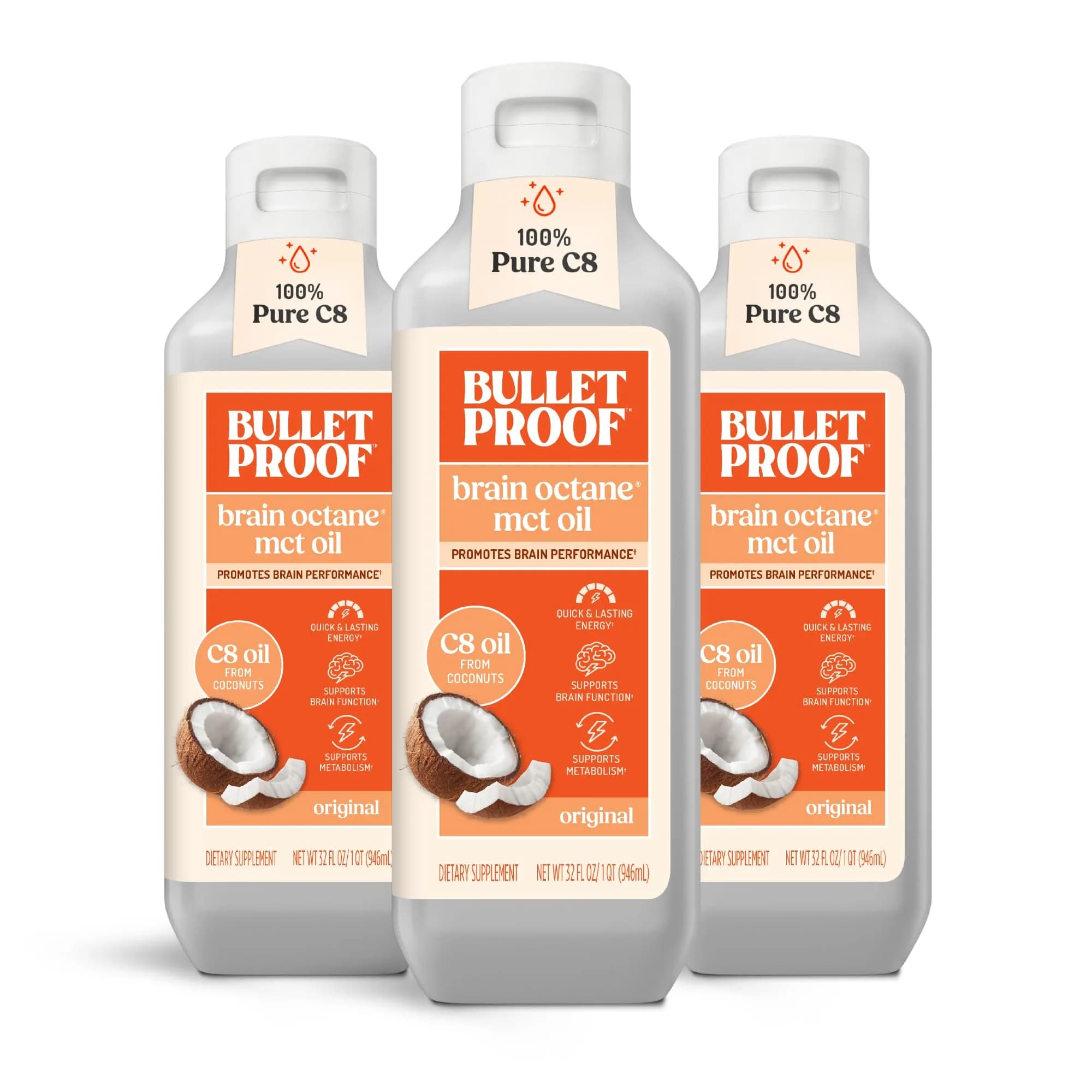 Bulletproof Brain Octane C8 MCT Oil 32 Ounce (Pack of 3) | Triple-Distilled Keto Energy Supplement - main product image
