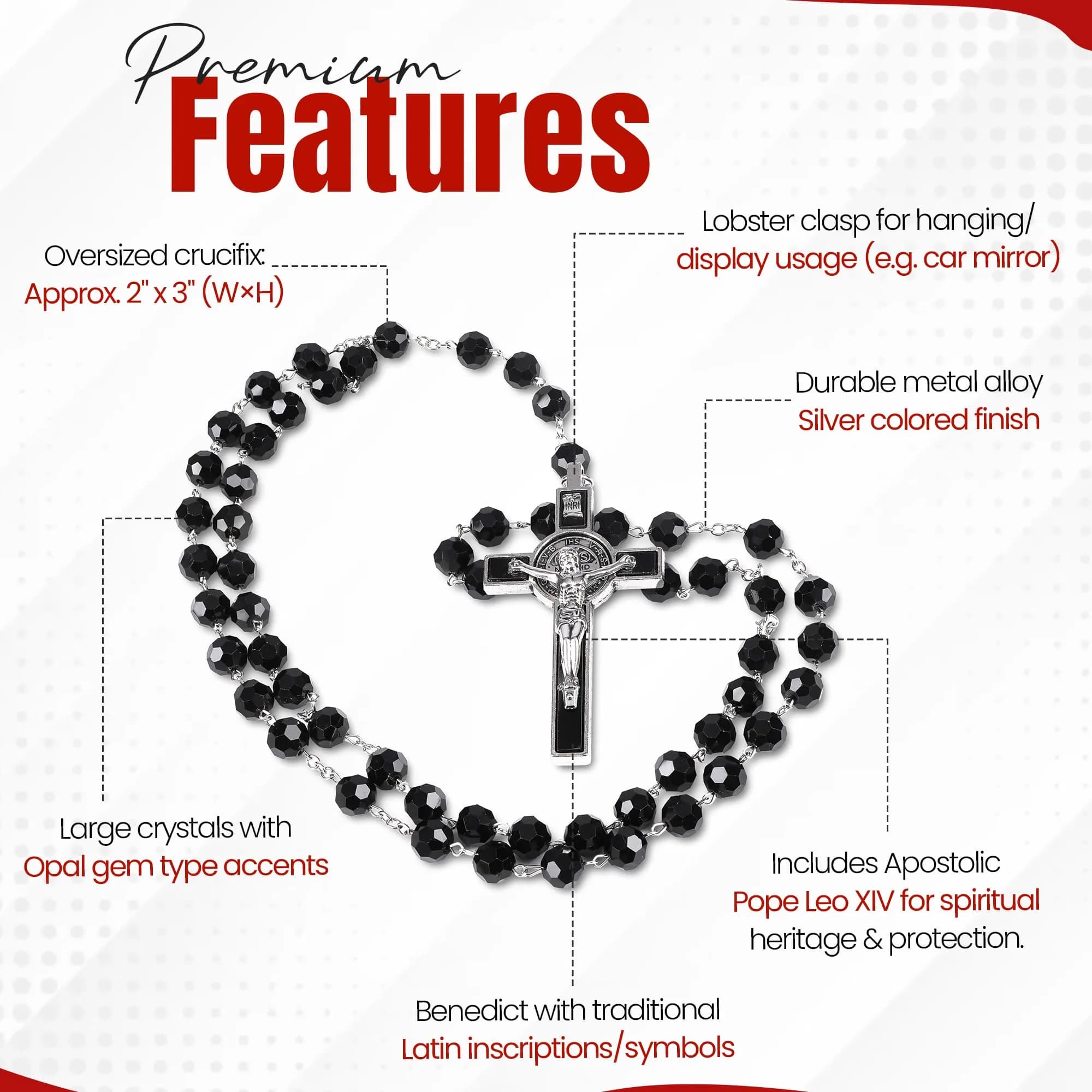 SANCTUM VERITAS Black Crystal Catholic Rosary Necklace | Large Italian Prayer Beads Gift - view 3
