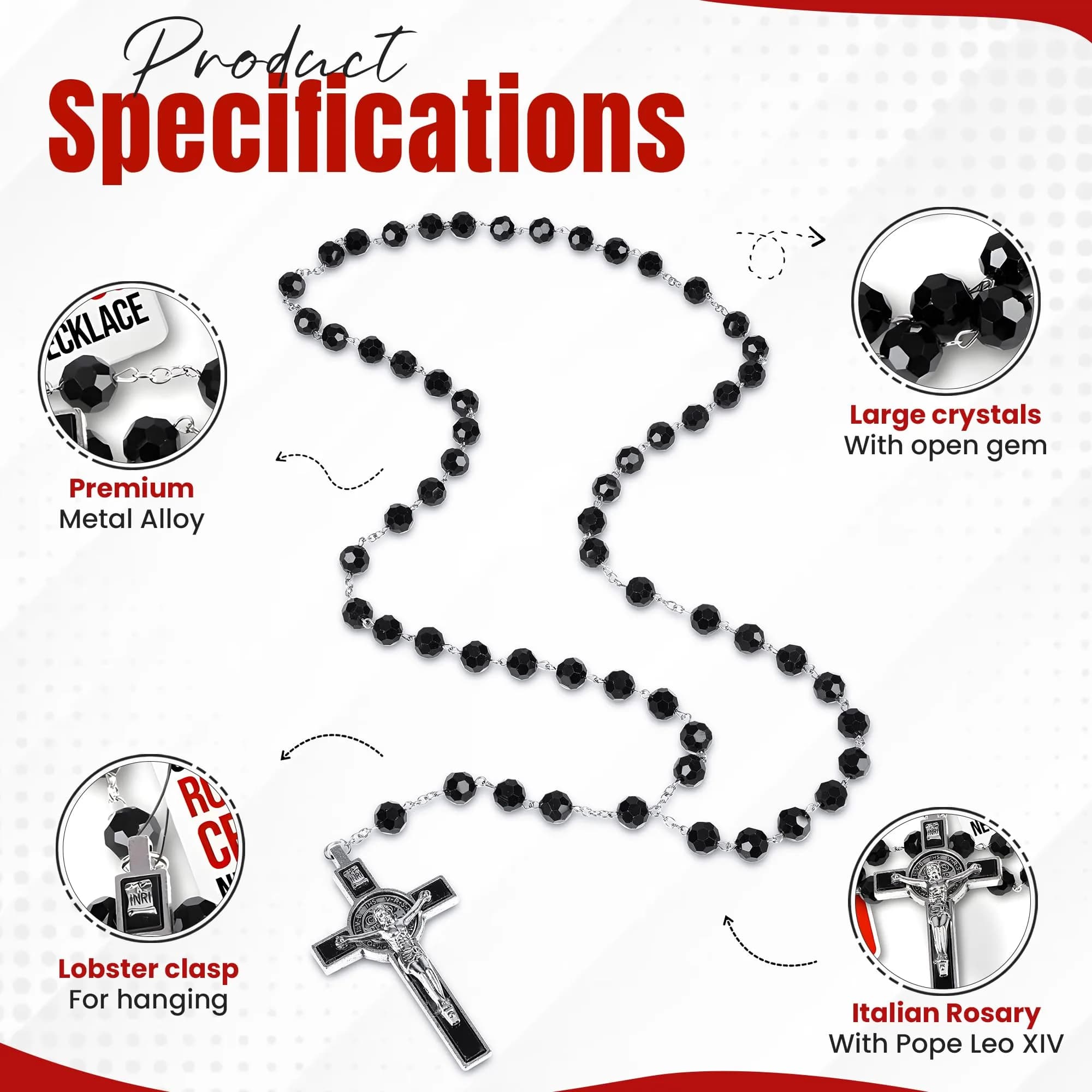 SANCTUM VERITAS Black Crystal Catholic Rosary Necklace | Large Italian Prayer Beads Gift - view 4