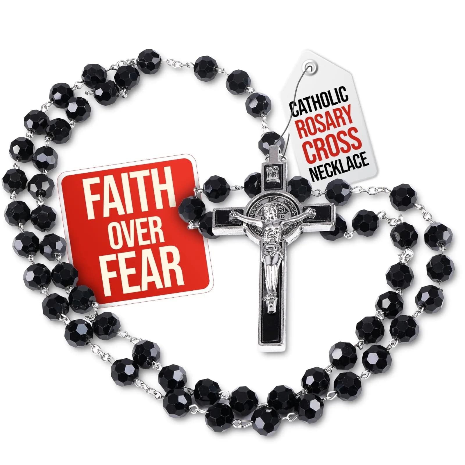 SANCTUM VERITAS Catholic Rosary Necklace | Large Italian Prayer Beads Gift 21.5 cm (8.5 inches) — Black Crystal