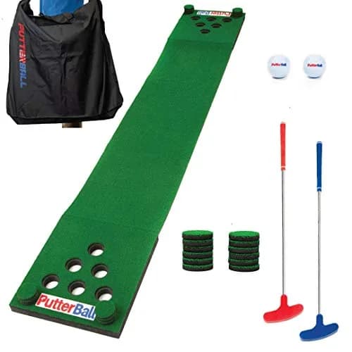 PutterBall Original Golf Putting Game Set – Backyard 12 ft Putting Green Pong Style Golf Mat with 2 Putters, 2 Balls & Hole Covers thumbnail 1