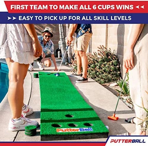 PutterBall Original Golf Putting Game Set – Backyard 12 ft Putting Green Pong Style Golf Mat with 2 Putters, 2 Balls & Hole Covers thumbnail 4