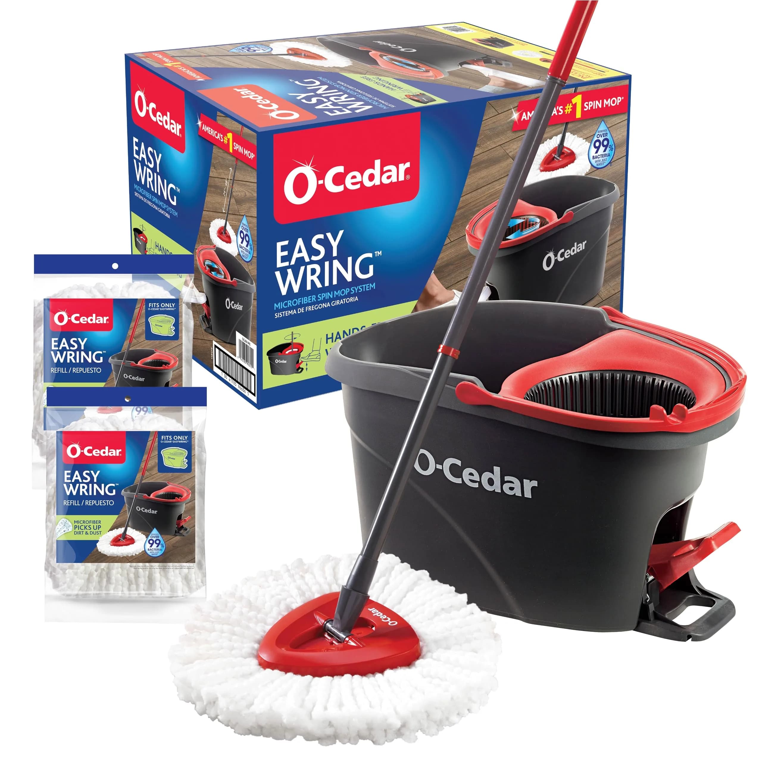 O-Cedar EasyWring Spin Mop System Bundle with 3 Mop Heads, PACS, Gloves & Sponges | 20cm (7.87in) W x 20cm (7.87in) H x 12cm (4.72in) L — Red/Gray