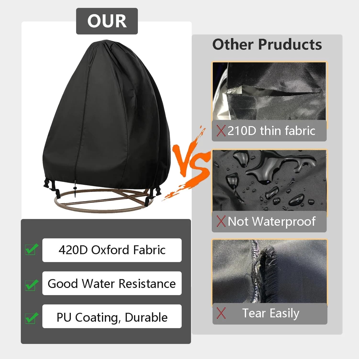 FLYMEI Black Egg Chair Cover 190.5cm x 114.3cm (75" x 45") | Heavy Duty Waterproof Outdoor Protection - view 8