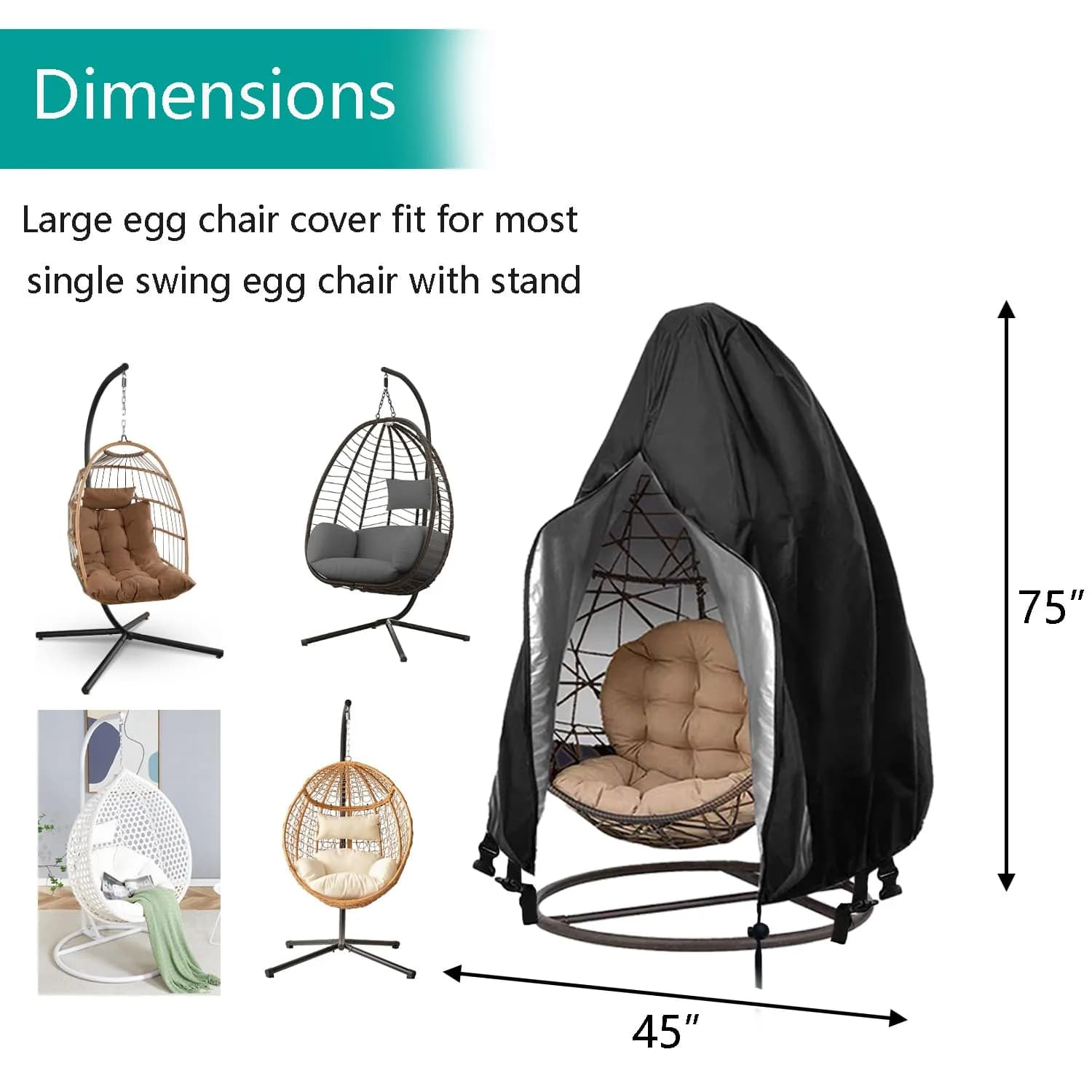 FLYMEI Black Egg Chair Cover 190.5cm x 114.3cm (75" x 45") | Heavy Duty Waterproof Outdoor Protection - view 3