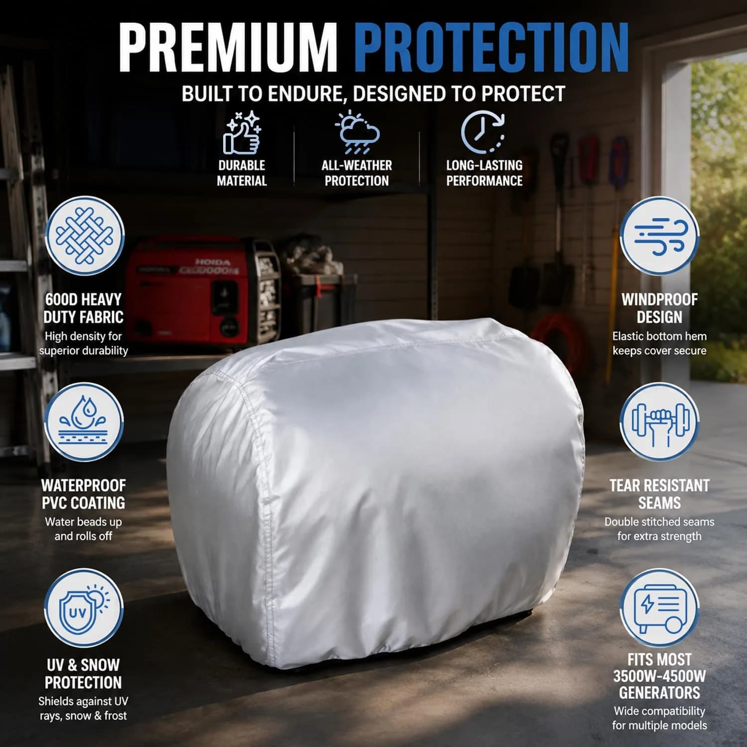 Bonbo Generator Cover for Honda EU3000is, Predator 3500, Westinghouse iGen4500, 17.7"L x 9.8"W x 15.7"H | Heavy Duty 600D Waterproof Generator Cover - view 7