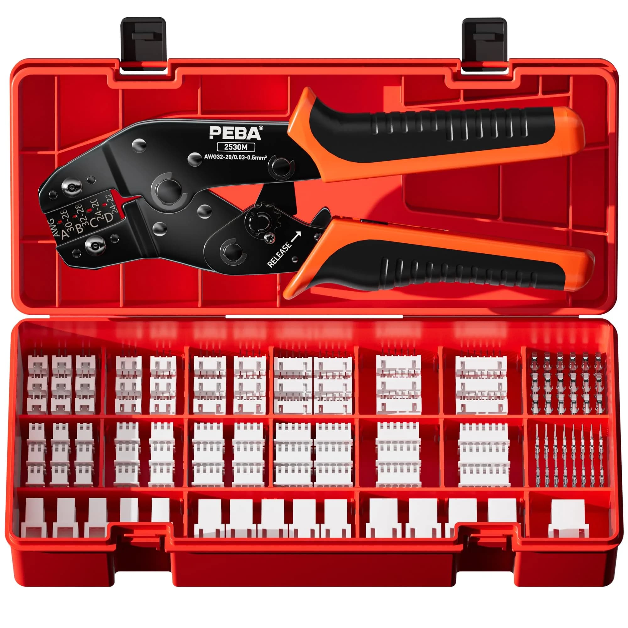 PEBA Ratchet Crimping Tool and JST Connector Kit for AWG 32-20 Wires | 14 Types of 2.5mm JST-SM Connectors & Crimp Pins — JST-XH | 18 Types