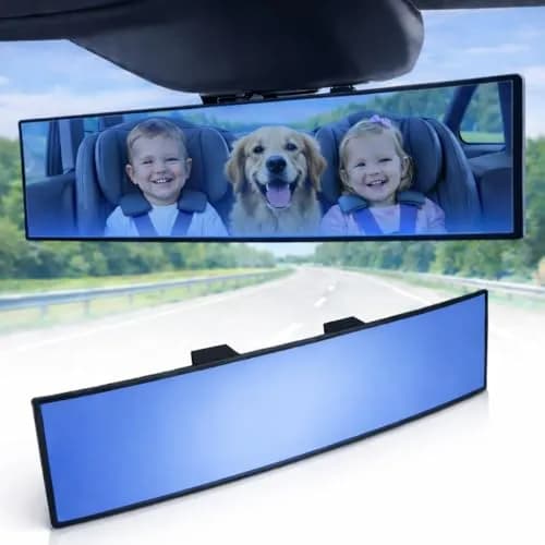 ICBEAMER 11.8" Convex Blue Tint Car Rear View Mirror | Wide-Angle, Anti Glare, Clip-On Fit (70-120 chars) thumbnail 1