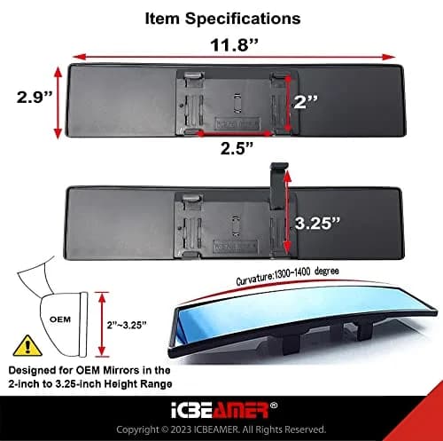 ICBEAMER 11.8" Convex Blue Tint Car Rear View Mirror | Wide-Angle, Anti Glare, Clip-On Fit (70-120 chars) thumbnail 5