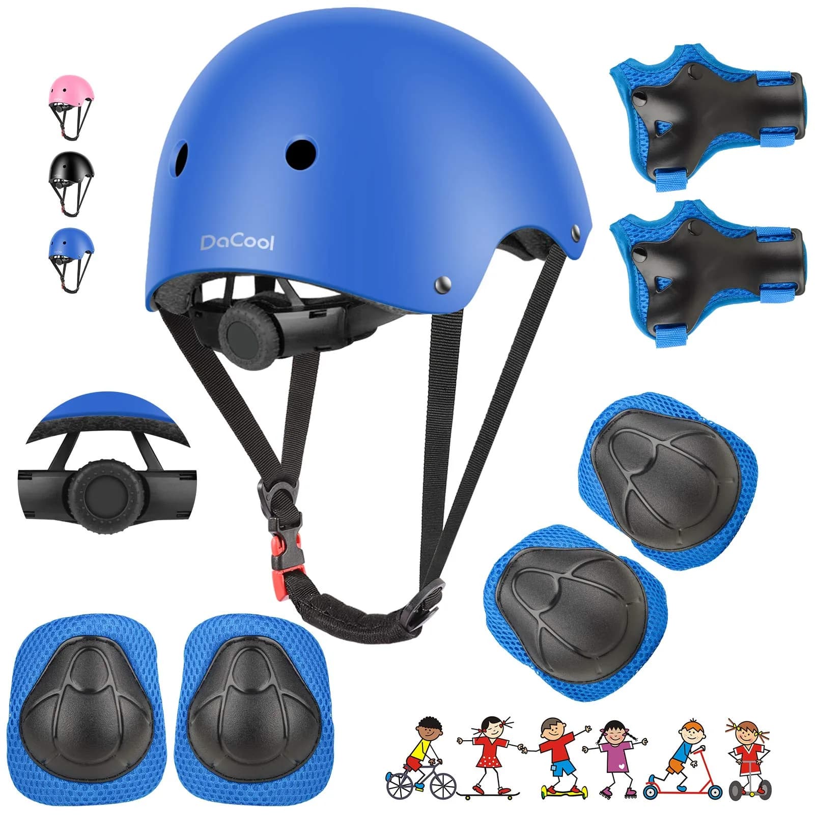 DaCool Kids Bike Helmet & Protective Gear Set for Sports Cycling Skating, Pink, 7-Piece Set — 2-Blue