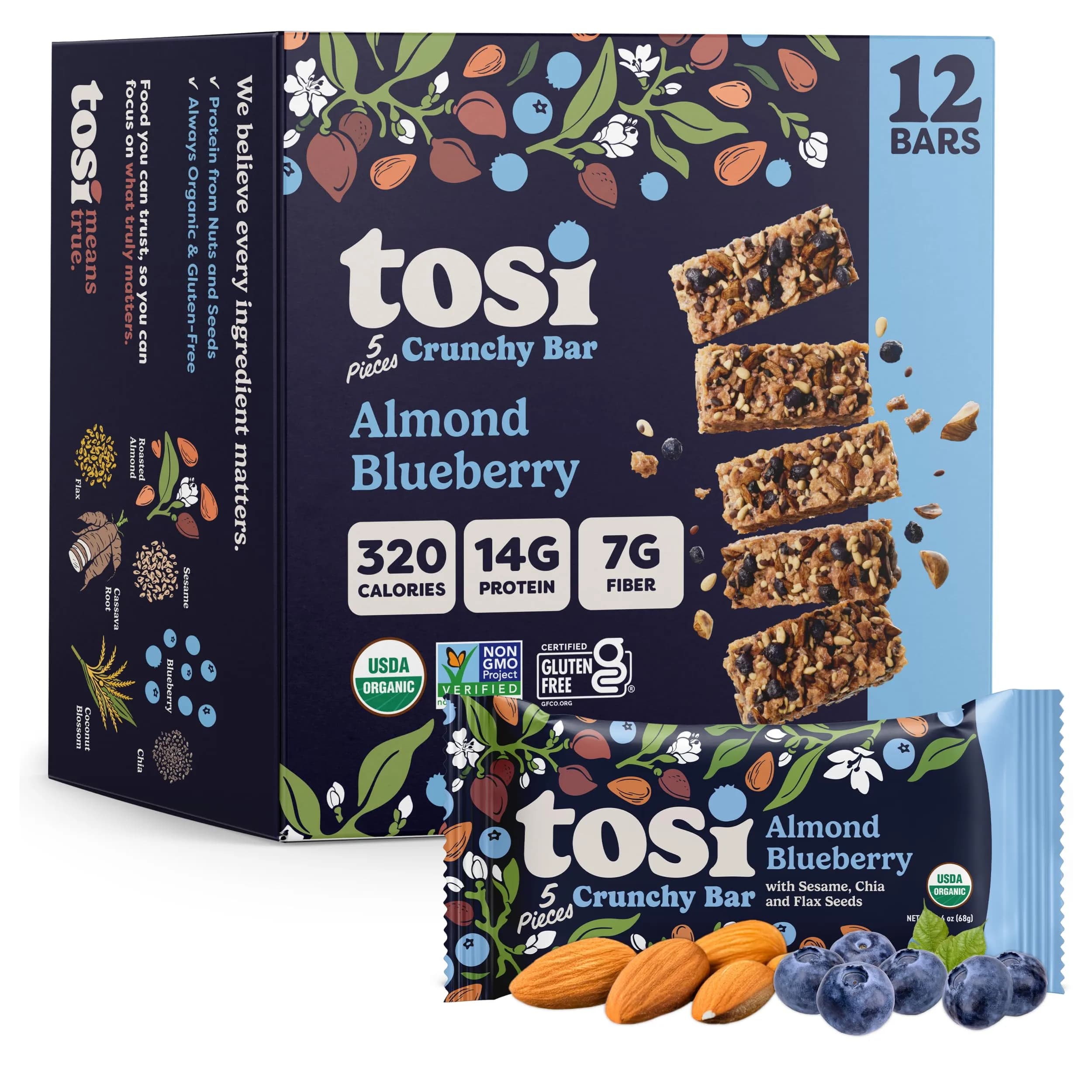 Tosi Plant-Based Nut Bars Almond Blueberry 12-Pack | 12g Protein, Gluten-Free, Vegan, Organic - main product image