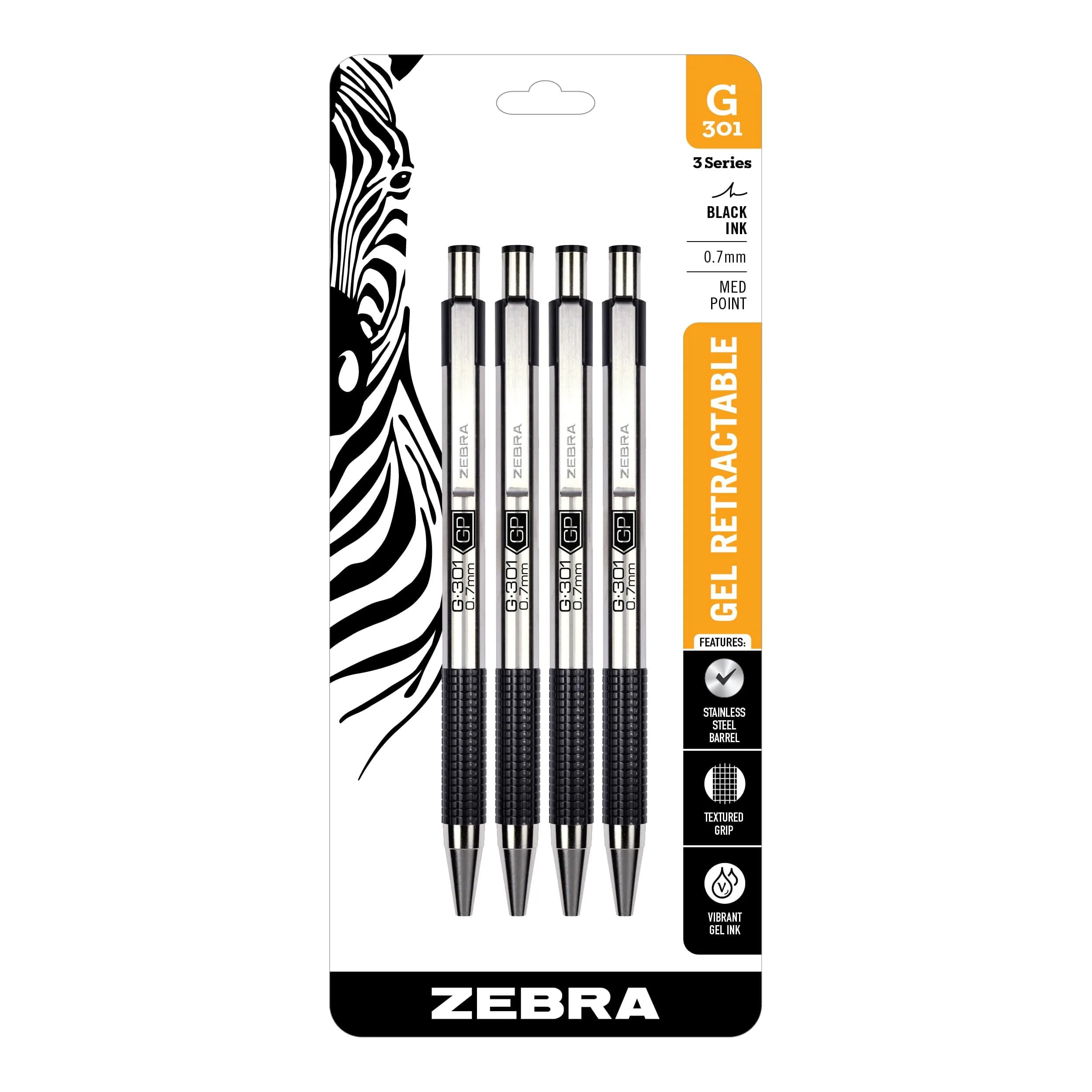 Zebra Pen STEEL G-301 Retractable Gel Pen 0.7mm Medium Point 4-Pack | Smooth Ink Flow - main product image