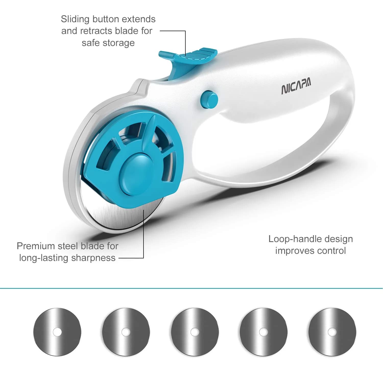NICAPA 45mm Rotary Cutter with 5 Extra Blades | Ergonomic Comfort Loop for Sewing & Quilting - view 2