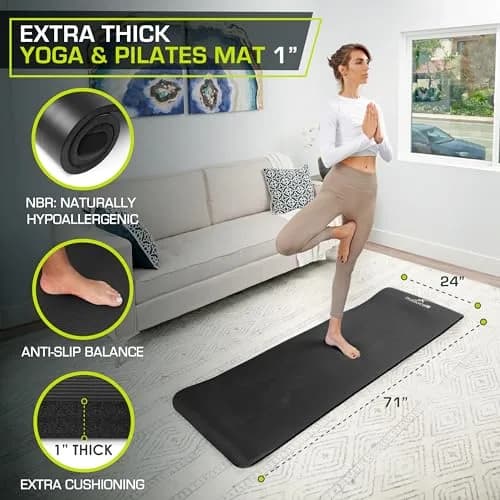 ProSourceFit Extra Thick Yoga and Pilates Mat 1" (25mm) Black | High Density Exercise Mat with Carrying Strap thumbnail 2