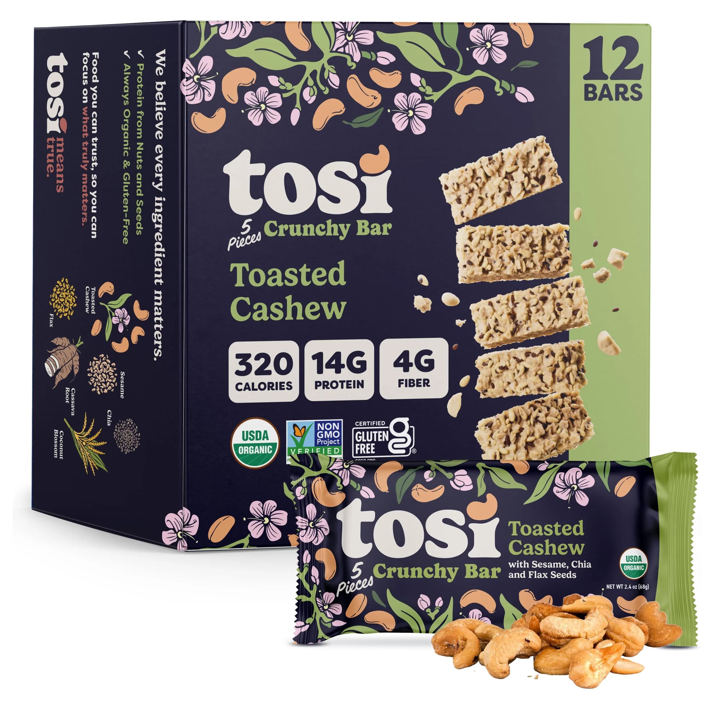 Tosi Plant Based Nut Bars Cashew 12 Pack | Gluten-Free Vegan Snack with Omega 3 (2.4oz each)