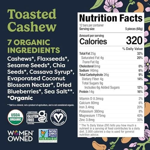 Tosi Plant Based Nut Bars Cashew 12 Pack | Gluten-Free Vegan Snack with Omega 3 (2.4oz each) thumbnail 3