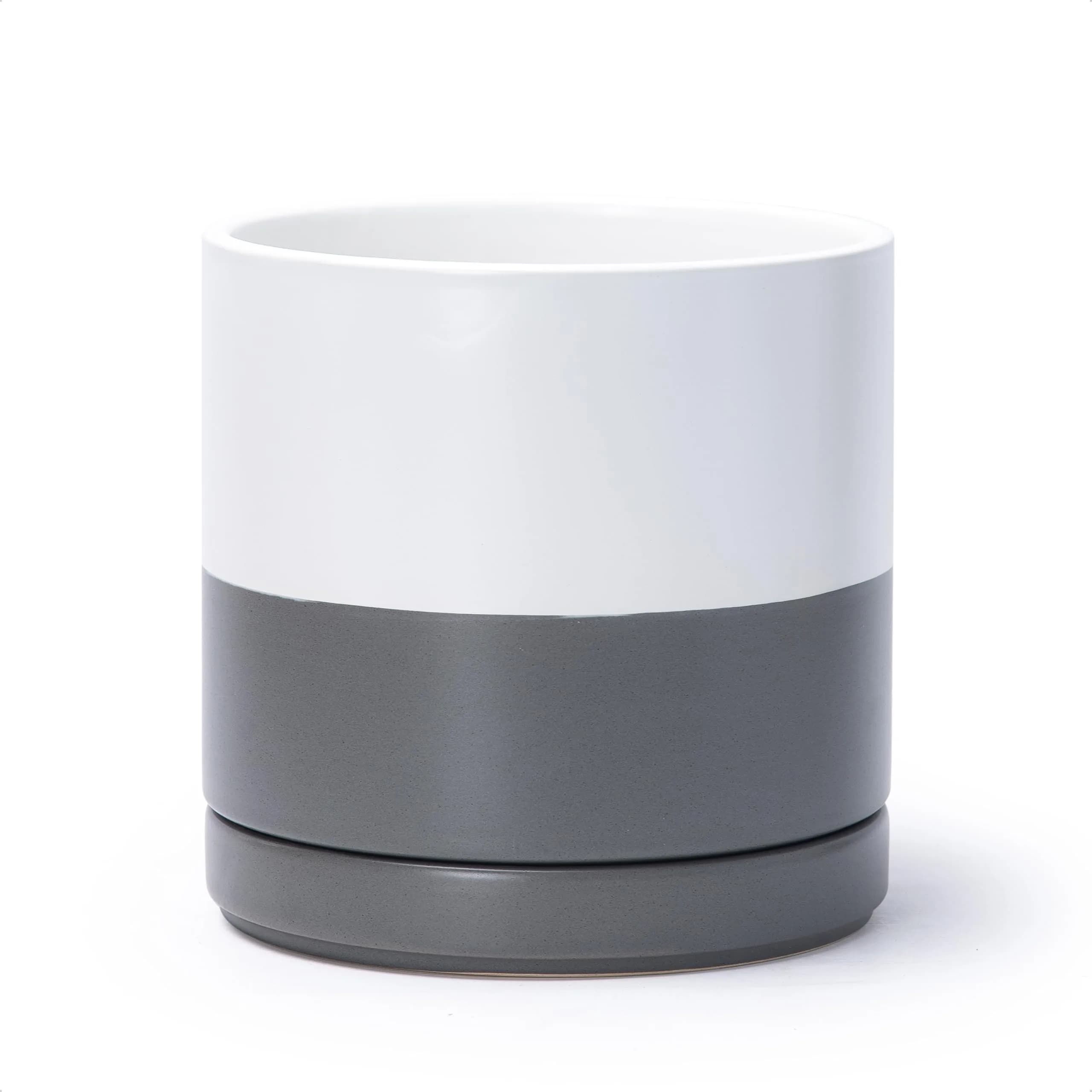 D'vine Dev 8.2 Inch Ceramic Planter Pot, White/Grey | Modern Cylinder with Drainage Hole