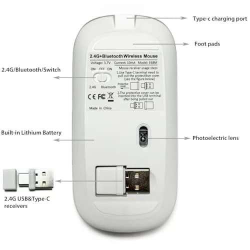 KLO Rechargeable Wireless Mouse with Bluetooth 5.2/3.0, Type-C & 2.4G USB Receiver | Silent Optical Mouse for Mac, Windows, iPad, Laptop (White, 1-Pack) thumbnail 4