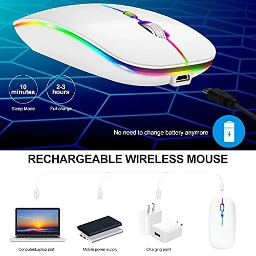 KLO Rechargeable Wireless Mouse with Bluetooth 5.2/3.0, Type-C & 2.4G USB Receiver | Silent Optical Mouse for Mac, Windows, iPad, Laptop (White, 1-Pack) thumbnail 5
