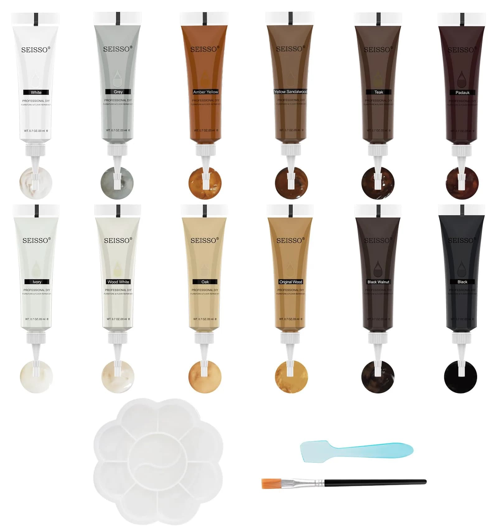 SEISSO Wood Fillers Furniture Repair Kit, 12 Colors, Wood Touch-up Paint, Scratch & Crack Fix, Wooden Floor & Furniture Restoration | 12 Colors, 20g Each — 12 Colors