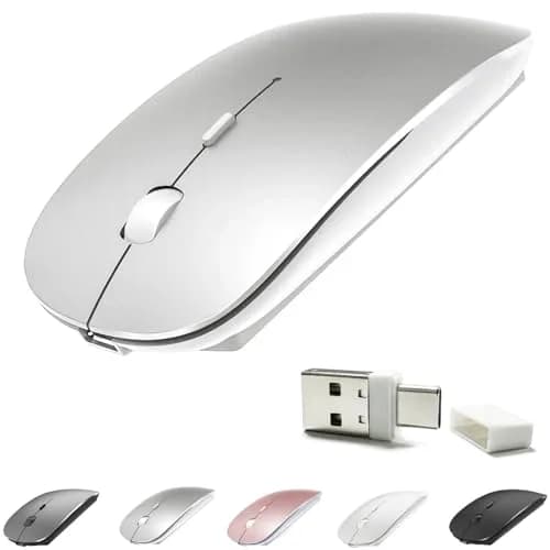 KLO Rechargeable Bluetooth 5.2/3.0/Type-C/USB-2.4G Mouse for MacBook/iPad, Wireless Mouse for Laptop/PC (Silver) thumbnail 1